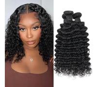 Deep Wave Bundles Human Hair Bundles Double Weft Weave Wavy Curly Hair Bundles 100% Unprocessed Virgin Weave Bundles Human Hair 3 Bundles Natural Black Color total 210g (8 10 12 inch)