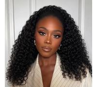 Deep Wave Half Wig Human Hair Glueless Wig Human Hair Upgrade 3 in 1 Half Wigs With Drawstring Seamless Clip Ins Flip Over 180% Density No Glue No Lace Black Color 12 Inch