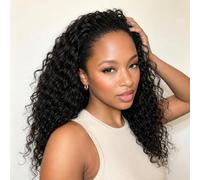 Deep Wave Half Wig Human Hair Glueless Wig Human Hair Upgrade 3 in 1 Half Wigs With Drawstring Seamless Clip Ins Flip Over 180% Density No Glue No Lace Black Color 18 Inch