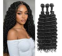 Deep Wave Human Hair Bundle Brazilian Virgin Curly Hair 100% Unprocessed Wet and Wavy Human Hair 3 Bundles Weave Extensions Natural Black 16 18 20 Inch