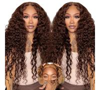 Deep Wave wigs Glueless Human Hair 4x4 Lace Front 20 inch Chocolate Brown