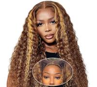 Deep Wave wigs Glueless wig Human Hair 4x4 Lace Front 24 inch Blonde #4/27 | Glueless Wigs Deep Wave wig Human Hair 4X4 Transparent Lace Closure for Black Women Wear and Go Lace Pre Plucked 180% Density