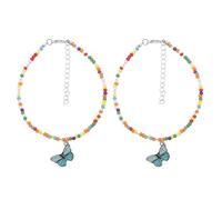 DEEPCRAFF 2 Pezzi Cavigliera Bohemien Perline Colorate e Farfalle Regolabile in Lega e Perline di Riso, Gioiello alla Caviglia per Donna per Spiaggia e Feste