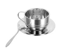 DEEPCRAFF Tazza da Caffè in Acciaio Inox 250ml a Doppia Parete | Piattino e Cucchiaino, Finitura Argento Elegante, per Latte e Tè al Latte, Impilabile
