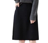 Deepsko Gonna da donna in lana lavorata a maglia allentata dritta casual tinta unita elastica in vita al ginocchio gonne, Nero , L