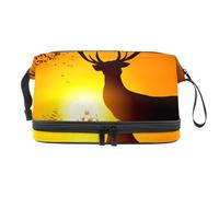 Deer at Sunset Hill - Trousse a doppio strato per cosmetici per donne e ragazze, borsa da viaggio per trucchi, pratica borsa organizer con scomparto per pennelli, Multi, 27x15x14 cm/10.6x5.9x5.5 in,