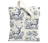 Deer Canvas Tote Bag per le donne, natura vintage farfalla fiore primavera blu navy lavabile riutilizzabile borse della spesa idee per Outdo, Navy, 13x15 Inch