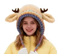 Deer Hat Knitted - Wool 53-58 cm | Windproof Knit Beanie with Warming Head, To Save from Cold, Cute Reindeer Beanie Hat | For Gift Women Children, Travel, Holiday & Outdoor Use, Kaki, Consulte la