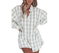 Deer Lady Camicia da donna in flanella scozzese casual button down camicie oversize a maniche lunghe camicetta top, Z-lc-bianco, S