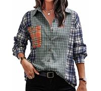Deer Lady Camicia da donna in flanella scozzese casual button down camicie oversize a maniche lunghe camicetta top, Z-navy verde, L
