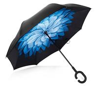 Deerbird® Car Inverted Umbrella Double Layer UV Protection Windproof Umbrella with C-type Rubber Handle, Self-Standing Hand-free Reverse Umbrellas for All Weather - Blue Flower