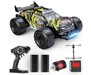 DEERC 1:14 Macchina Telecomandata Brushless per Adulti, 43MPH 4WD off-road con luci LED a 7 colori, ammortizzatori in metallo, 2 batterie 7,4V, trasmissione in metallo, 3 modalità luce.