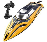 DEERC Barca RC veloce da 14" con LED, 30+ minuti di guida, 20+ MPH, barca a velocità telecomandata autoallineante per piscina e mare, vernice a strisce, regalo estivo per bambini e adulti.