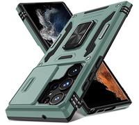 DEERLAMN Custodia per Samsung Galaxy S23 Ultra con custodia per fotocamera scorrevole, anello ruotato, cavalletto di grado militare, antiurto, colore verde