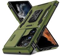 DEERLAMN Custodia per Samsung Galaxy S23 Ultra con custodia per fotocamera scorrevole, anello ruotato, cavalletto di grado militare, antiurto, colore verde oliva