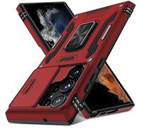 DEERLAMN Custodia per Samsung Galaxy S23 Ultra con custodia per fotocamera scorrevole, anello ruotato, cavalletto di grado militare, antiurto, colore rosso