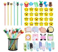 Defresit Funky Stationery - Set di 25 matite e 30 segnalibri magnetici, 25 foglietti adesivi, 25 gomme da cancellare, 105 matite divertenti, set magnetico per sacchetti per feste, regali di classe e