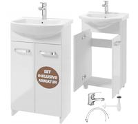 Deftrans Domodomo - Armadietto da bagno con lavandino, 85 x 50 x 40 cm, in ceramica, per piccolo bagno (set di batterie bianche e sifone)