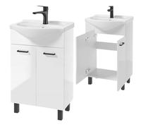 Deftrans Domodomo - Armadietto da bagno con lavandino, 85 x 55 x 42 cm, in ceramica, colore: Bianco + manici neri, mobile bagno con lavabo