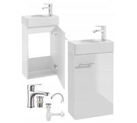 .Deftrans - Lavabo con mobiletto 60 x 40 cm, bianco lucido - Appeso - Set lavabo per ospiti con rubinetto, sifone e scarico - Mobili da bagno per piccoli bagni