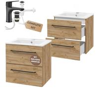 .Deftrans - Lavabo con mobiletto da 50 cm di larghezza Set con due cassetti - Lavabo con mobile sospeso, rubinetto nero e sifone - Mobile lavabo con lavabo