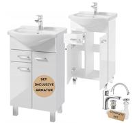Deftrans Lavabo con mobiletto in piedi, set di mobili da bagno, 85 x 50 x 30 cm, bianco lucido, mobiletto con lavabo e rubinetto, ideale per piccoli bagni e WC degli ospiti