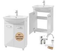Deftrans Lavabo con mobiletto in piedi, set di mobili da bagno, 85 x 60 x 40 cm, bianco lucido, mobiletto con lavabo e rubinetto con spina a clic, armadietto per bagno
