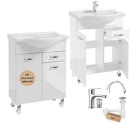 .Deftrans Lavabo con mobiletto in piedi, set di mobili da bagno, 85 x 65 x 30 cm, bianco lucido, mobiletto con lavabo e rubinetto con spina a clic, mobile da bagno