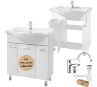 .Deftrans Lavabo con mobiletto in piedi, set di mobili da bagno, 85 x 75 x 34 cm, bianco lucido, mobiletto con lavabo e rubinetto con spina a clic, programmi completi per il bagno