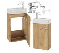 .Deftrans - Lavabo da 40 cm con mobiletto sospeso, set WC per ospiti - Mini lavabi a mano - rovere - incl. rubinetto, scarico, click click, sifone - mobili da bagno piccolo