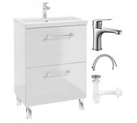 Deftrans - Mobile bagno con lavabo 60 cm larghezza x 40 cm profondità x 84 cm altezza - Mobile da bagno con lavabo, rubinetto e sifone - Base sottolavabo da pavimento in bianco lucido - con cassetti