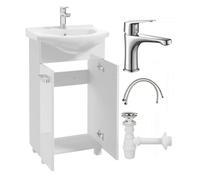 Deftrans - mobile bagno con lavabo a colonna, set arredo bagno 85x50x40 cm, bianco lucido, base lavabo con lavabo e rubinetto con scarico click-clack, mobile bagno