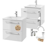 .Deftrans Mobile lavabo 50 cm sospeso con lavandino, rubinetto e sifone - lavabo con mobiletto, chiusura morbida, set di mobili da bagno per piccoli bagni, bianco lucido