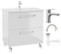 .Deftrans - Mobile sottolavabo 80 cm di larghezza x 40 cm di profondità x 84 cm di altezza - Armadietto bagno con lavandino, rubinetto e sifone - Mobiletto da bagno in bianco lucido - con cassetti
