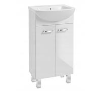 .Deftrans Mobile sottolavabo con lavandino, 45 cm, bianco lucido | Mobile sottolavabo con lavabo in ceramica, mobile da bagno per piccoli bagni, 2 ante, chiusura ammortizzata e foro per