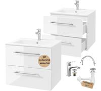 .Deftrans Mobile sottolavabo da 60 cm sospeso con lavabo, rubinetto e sifone - lavabo con mobiletto, chiusura morbida, set di mobili da bagno per piccoli bagni, bianco lucido