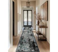 DEFYNEE Tappeto Läufer 60 x 180 cm, antiscivolo, tappeto a pelo corto per la cucina, lavabile, pieghevole, design astratto per ingresso, cucina, soggiorno e ufficio, Blu-Nero