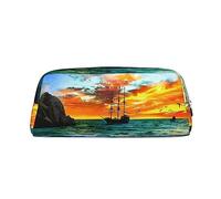 DEHIWI Pirate Ship In The Sunset Pencil Pen Case Impermeabile Carino Astuccio In Pelle Matita Sacchetto di Viaggio Cosmetici Trucco Organizer Portapenne Per Ufficio Trucco, Argento, Taglia unica, Da