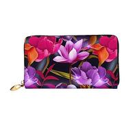 DEHIWI Portafoglio lungo da donna in pelle con motivo floreale con foglie viola e rosse con cerniera intorno alla pochette da viaggio porta carte di credito, Viola, rosso, Taglia unica