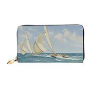 DEHIWI Portafoglio lungo da donna in pelle con stampa di nave a vela, con cerniera intorno alla pochette da viaggio, porta carte di credito, Nero , Taglia unica