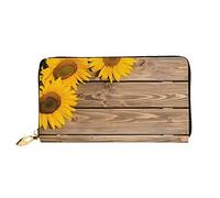 DEHIWI Tre girasoli su legno da donna portafoglio lungo in pelle con cerniera intorno pochette borsa da viaggio porta carte di credito, Nero , Taglia unica