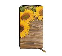 DEHIWI Tre girasoli su legno da donna portafoglio lungo in pelle con cerniera intorno pochette borsa da viaggio porta carte di credito, Nero , Taglia unica
