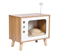Dehner Buya, cuccia per gatti per interni ed eleganti, cuccia per gatti, con cuscino, ca. 48 x 43 x 28 cm, in legno/peluche, bianco/marrone