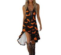 DeHolifer Abito Gotica da Donna, Scollo a V Vestito con Zucca Pipistrelli
