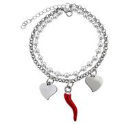 DEIMODRA Bracciale Cornetto Portafortuna Donna in Acciaio | Braccialetto doppia Catena di Perline con Ciondolo Corno Rosso e Cuori | Simbolo Porta Buona Fortuna | Color Argento