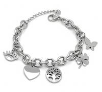 DEIMODRA® - Bracciale Portafortuna Donna con Ciondoli Multi-Simbolo - Albero della Vita, Quadrifoglio, Occhio, Farfalla e Cuore - Regolabile in Acciaio Inox - Idea Regalo di Amore e Protezione