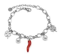 DEIMODRA Bracciale Portafortuna Donna con Corno Cornetto Rosso, Quadrifoglio e Perle | Ciondoli Fortunati in Acciaio Inossidabile con Catena Intrecciata Regolabile | Idea Regalo per Lei