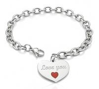 DEIMODRA - Bracciale Ti Amo Cuore con Ciondolo Scritta Inciso Love You e Cuoricino Rosso Acciaio