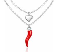 DEIMODRA Collana con Corno e Cuore Donna Acciaio, Ciondolo Cornetto Rosso Portafortuna, Simbolo Porta Buona Fortuna, Color Argento