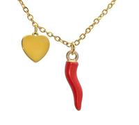 DEIMODRA Collana Cornetto Portafortuna da Donna in Acciaio | Ciondoli a forma di Corno Rosso Napoletano e Cuore | Color Oro